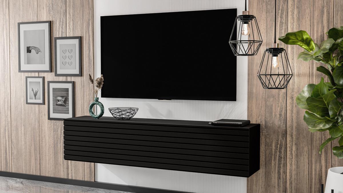 LOWBOARD ZIVOLLI 160 Schwarz, Schwarze Lamellen 160/34/40 cm – TV-Hängeschrank mit Lamellenfront - Schwarz, Holzwerkstoff/Kunststoff (160/34/40cm) - AX Living