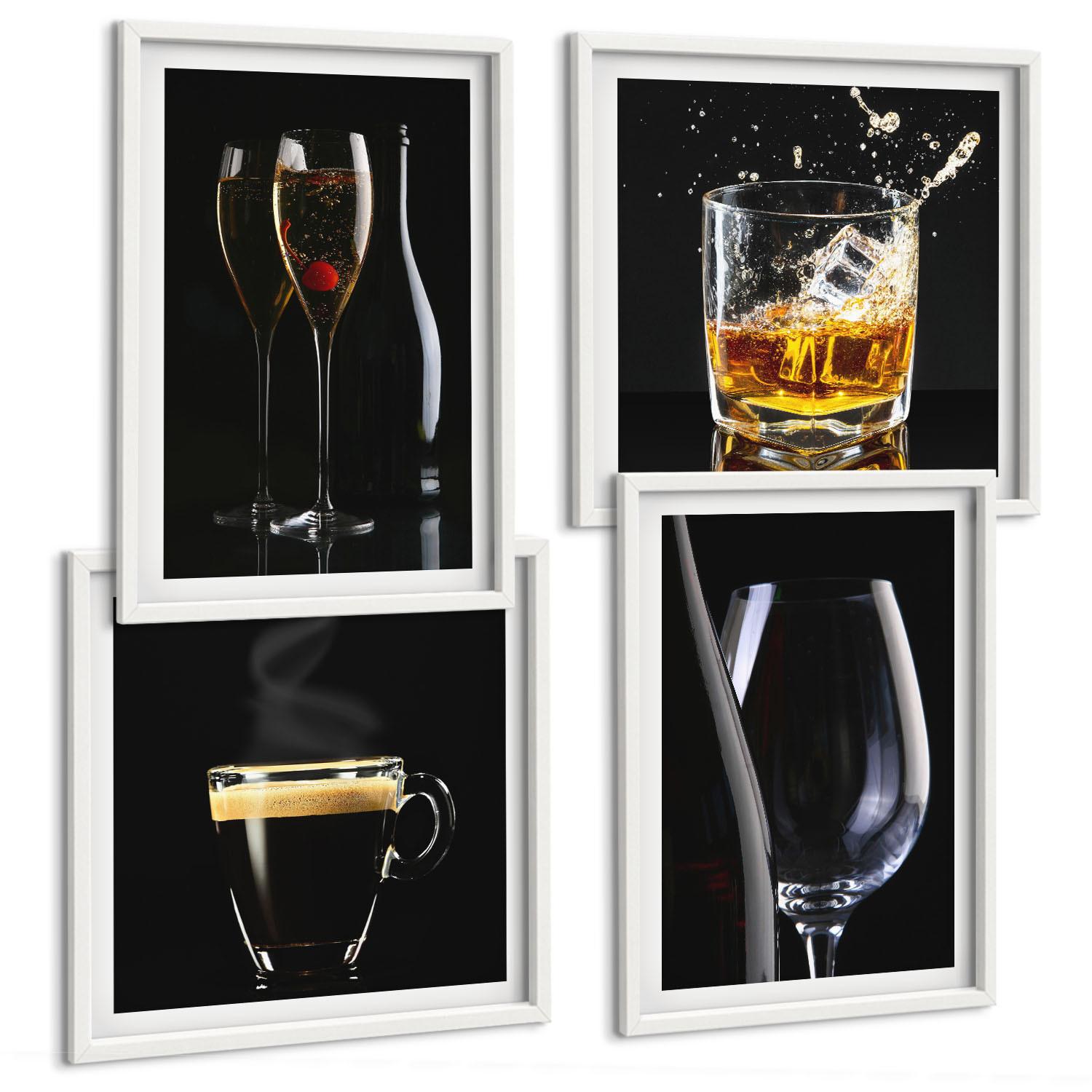 BILDER SET 4er Set - 50x50 cm & 40x60 cm Weißer Rahmen - Whisky, Wein, Champagner, Kaffee, Alkohol - Weiß, Kunststoff (50/50cm) - TULUP