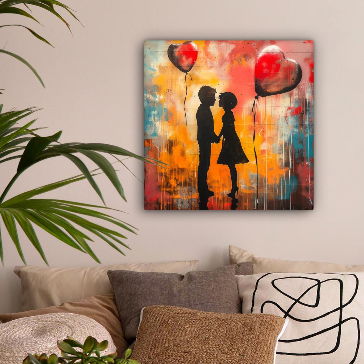 LEINWANDBILD Straßenkunst - Liebe - Graffiti - Kunst - Banksy Wandbild Wohnzimmer 50x50 cm - Orange, Textil (50/50cm) - MuchoWow