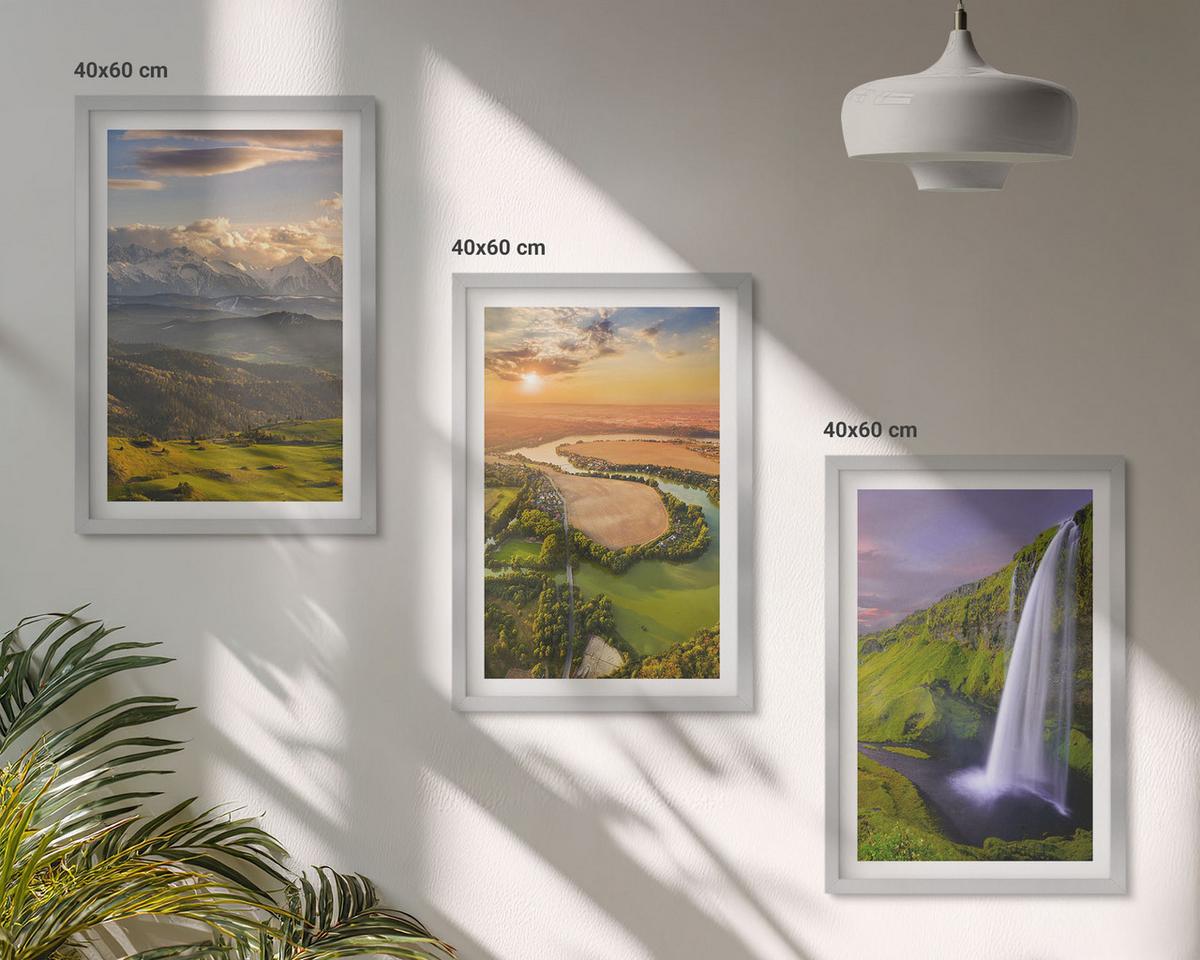 BILDER SET 3er Set - 40x60 cm Silberner Rahmen - Gebirgsflüsse, Wasserfälle, Natur - Silberfarben, Kunststoff (40/60cm) - TULUP