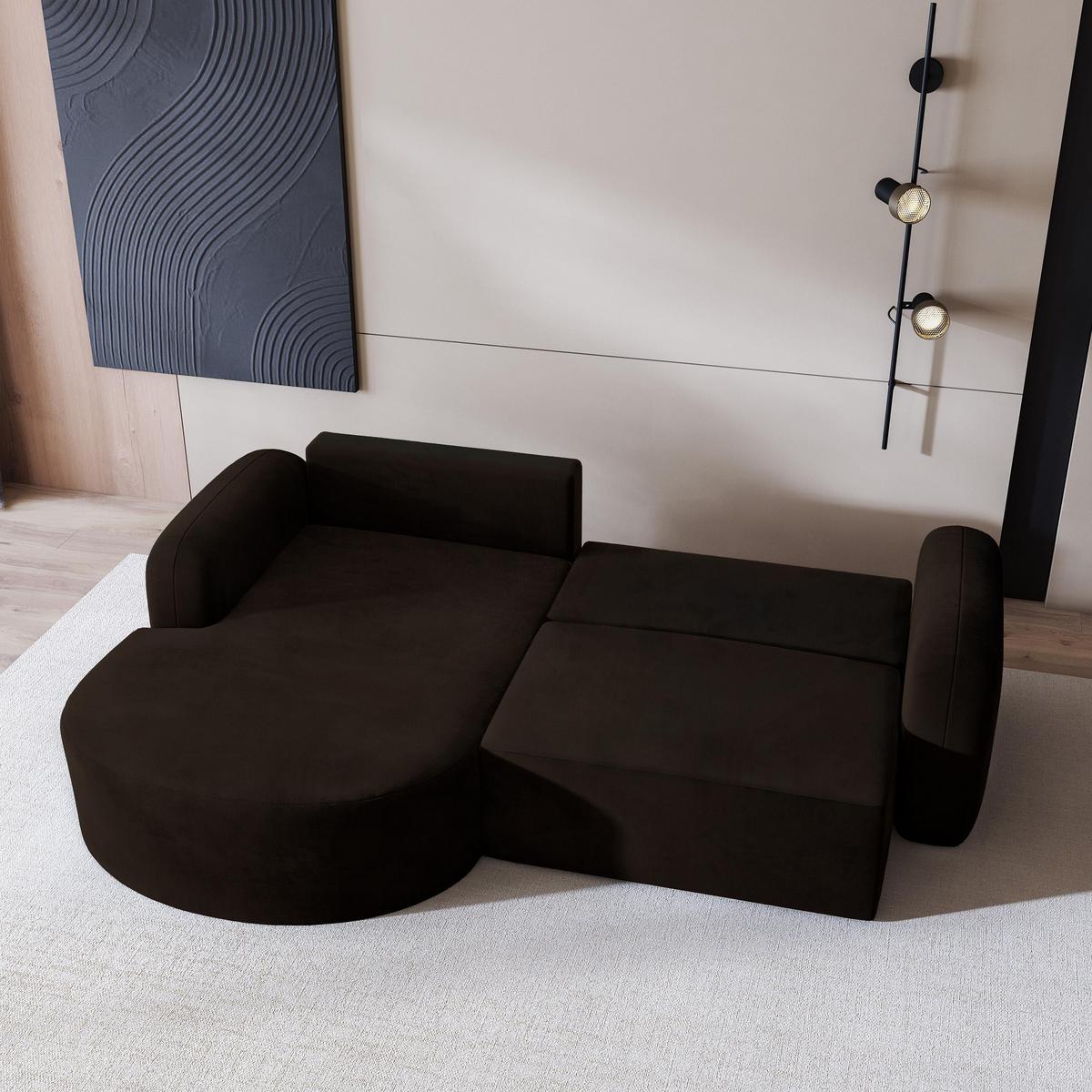 ECKSOFA AMILIA M L-S Braun Velours-Stoff mit Schlaffunktion - Braun, Holz (263/174cm) - MASSENO