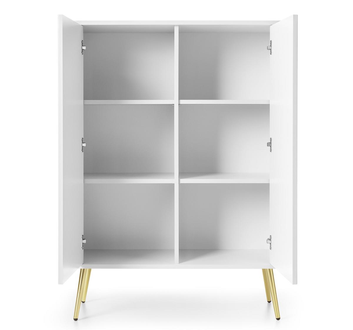HIGHBOARD Salvia 2T Weiß, Gold 103/129/39 cm – mit geriffelten Fronten und hohen Beinen - Goldfarben/Weiß, Holzwerkstoff/Metall (103/129/39cm) - AX Living