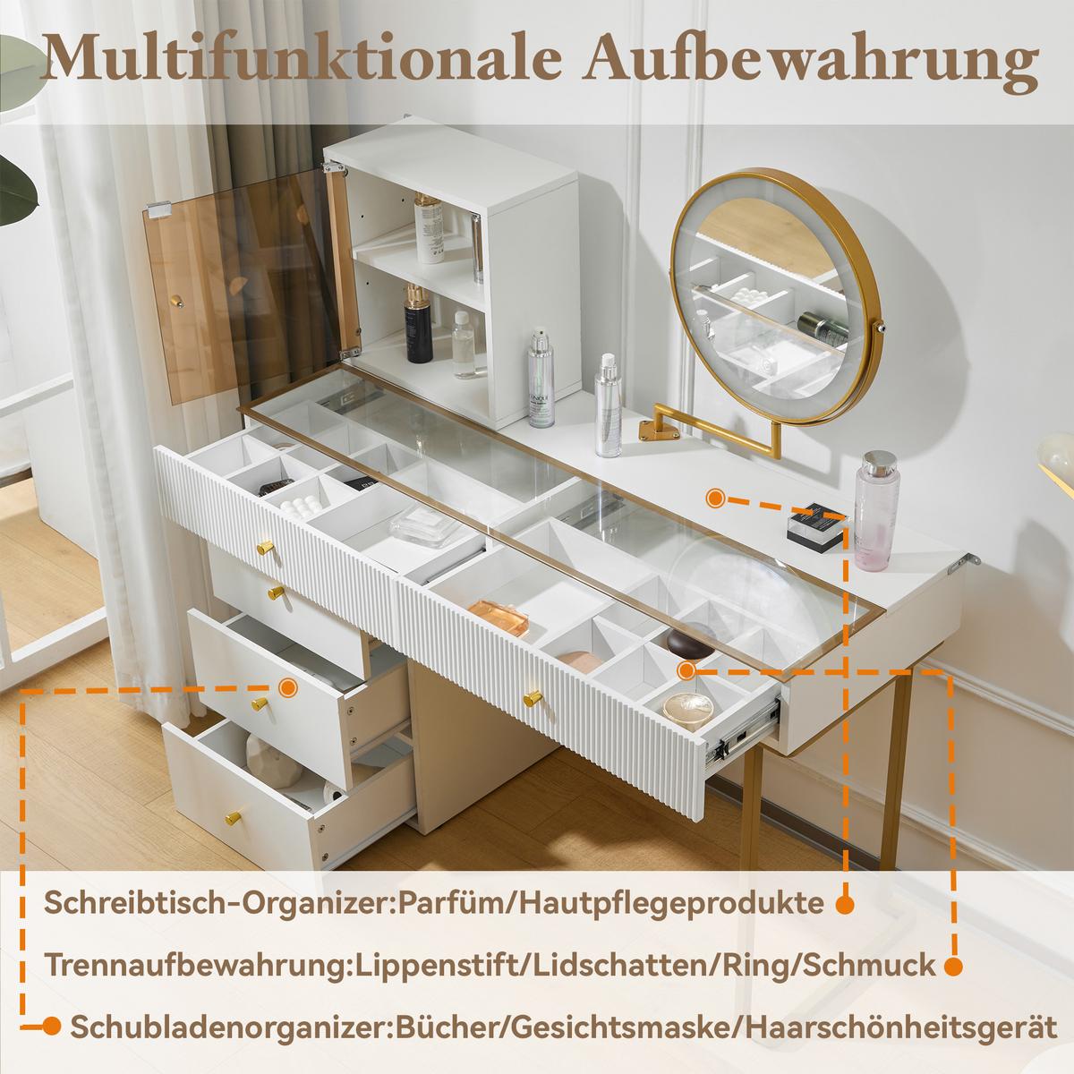 SCHMINKTISCH Weiß mit led-spiegel & glasplatte - Weiß, Holzwerkstoff (120/115/45cm) - Urban Meuble