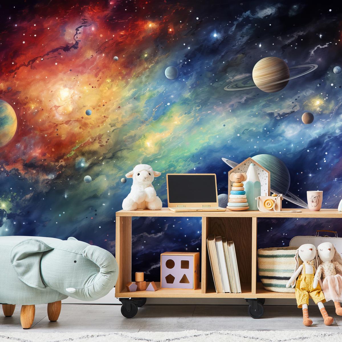 FOTOTAPETE für Jugendzimmer Aquarell Galaxie Planeten Sterne 350x256 - Blau/Gelb, Papier (350/256cm) - Muralo