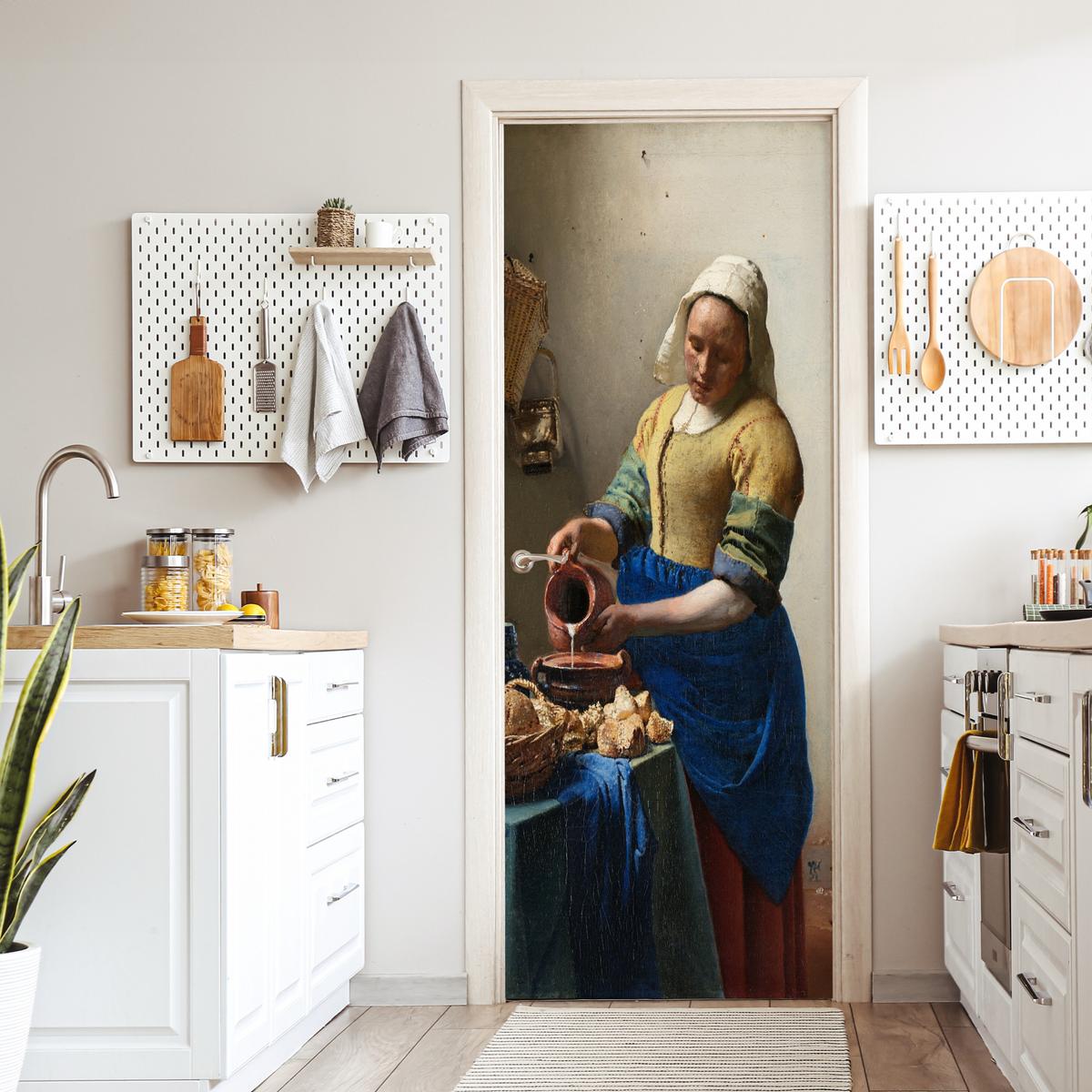 TÜRAUFKLEBER Das Milchmädchen - Johannes Vermeer 85x215 cm - Türtapete - Dunkelblau, Kunststoff (85/0.1cm) - MuchoWow