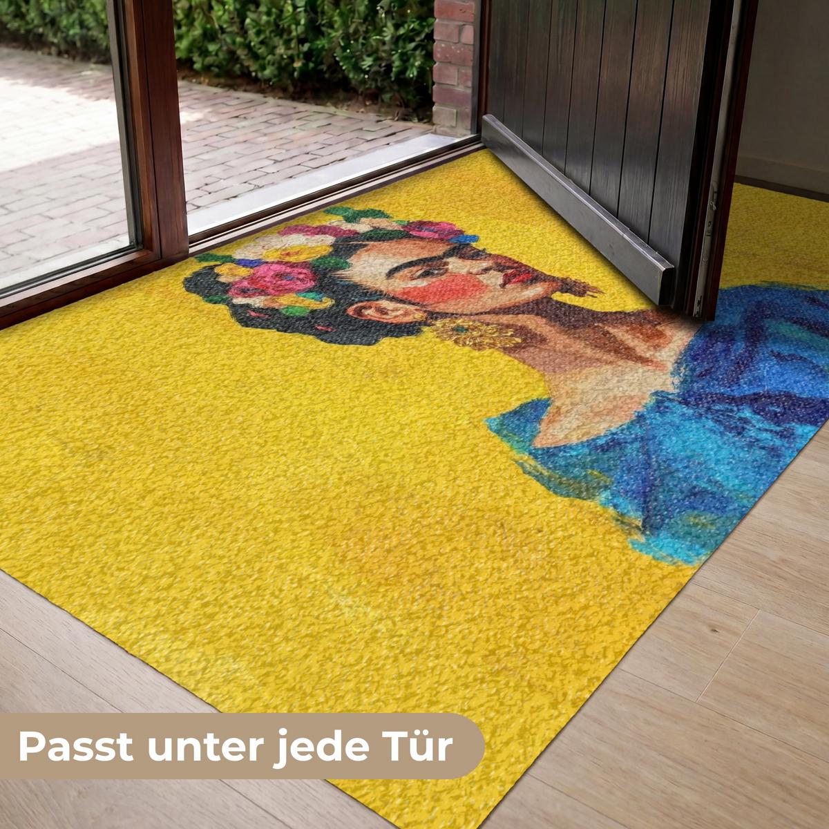 FUSSMATTE Frida Kahlo - Frau - Gelb - Blau - Blumen Schmutzfangmatte 150x90 cm - Gelb, Kunststoff (150/0.4cm) - MuchoWow