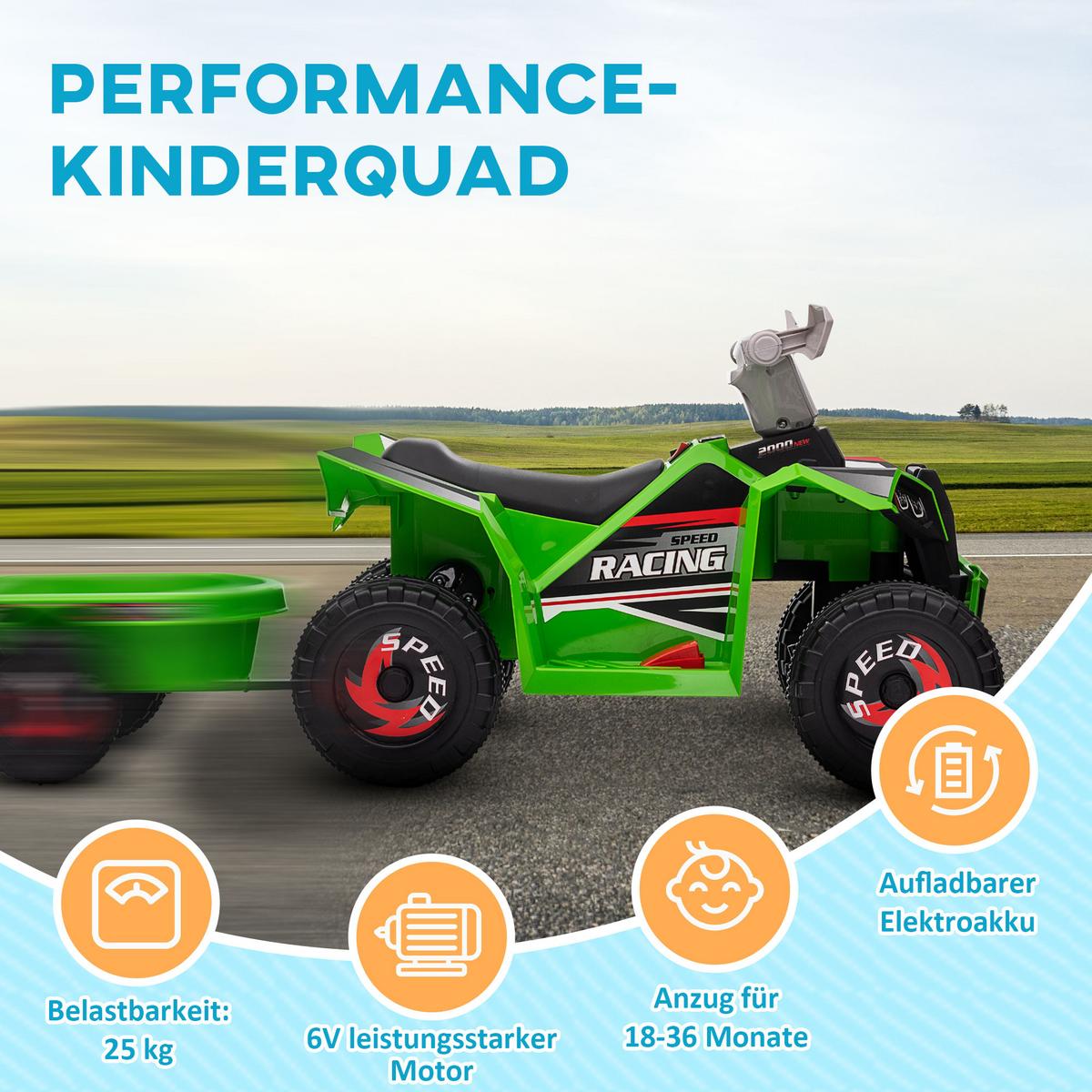 KINDERQUAD Kinder Elektro-Quad 6V Elektroauto mit Anhänger, 2,5 km/h Metall Grün - Grün, Metall (106/41.5/48.5cm) - HOMCOM