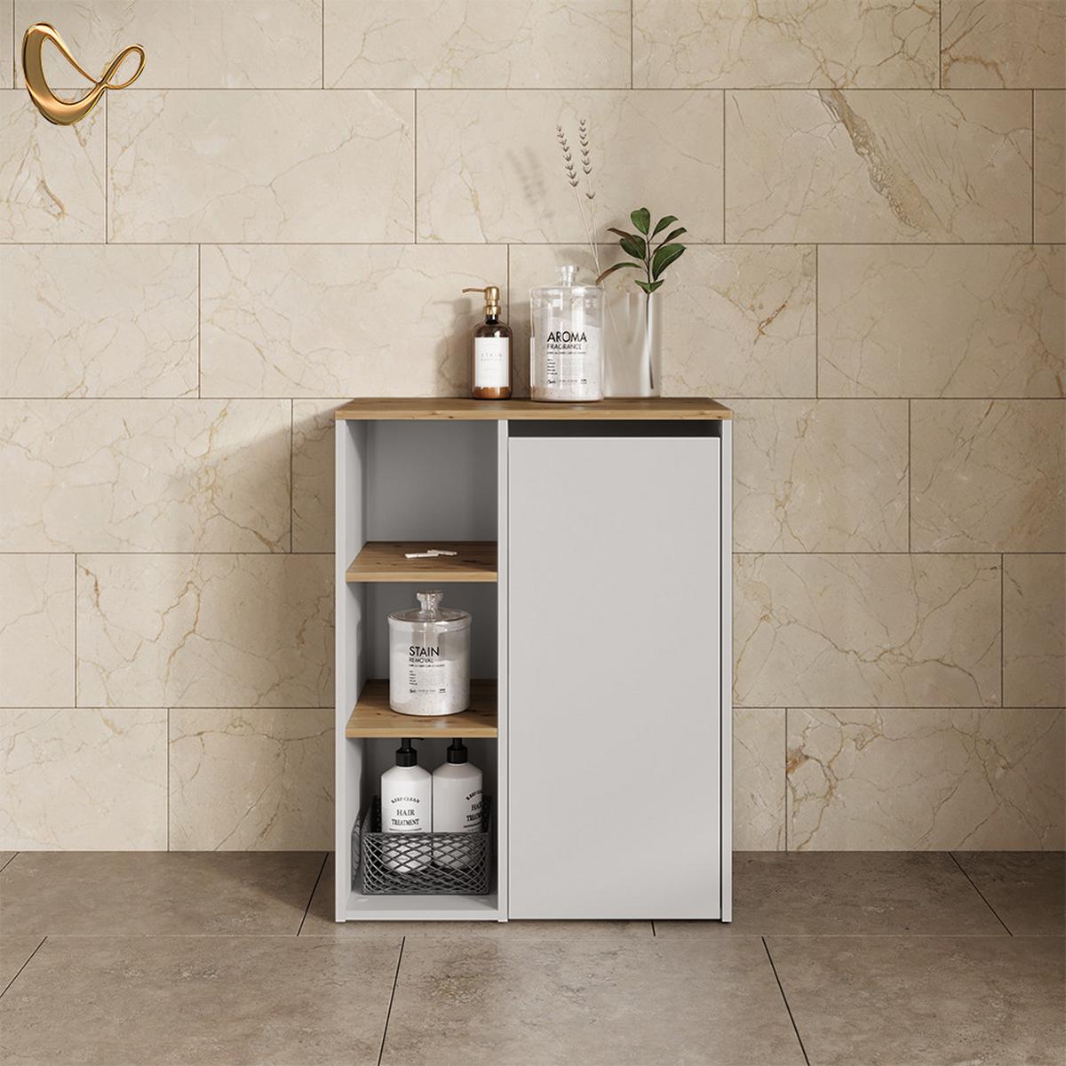 BADSCHRANK Paolina Weiß/Artisan 68 x 88.2 cm mit offenen Regalen und Wäschekorb - Weiß/Eiche Artisan, Holzwerkstoff (68/88.2/40.5cm) - Livinity®