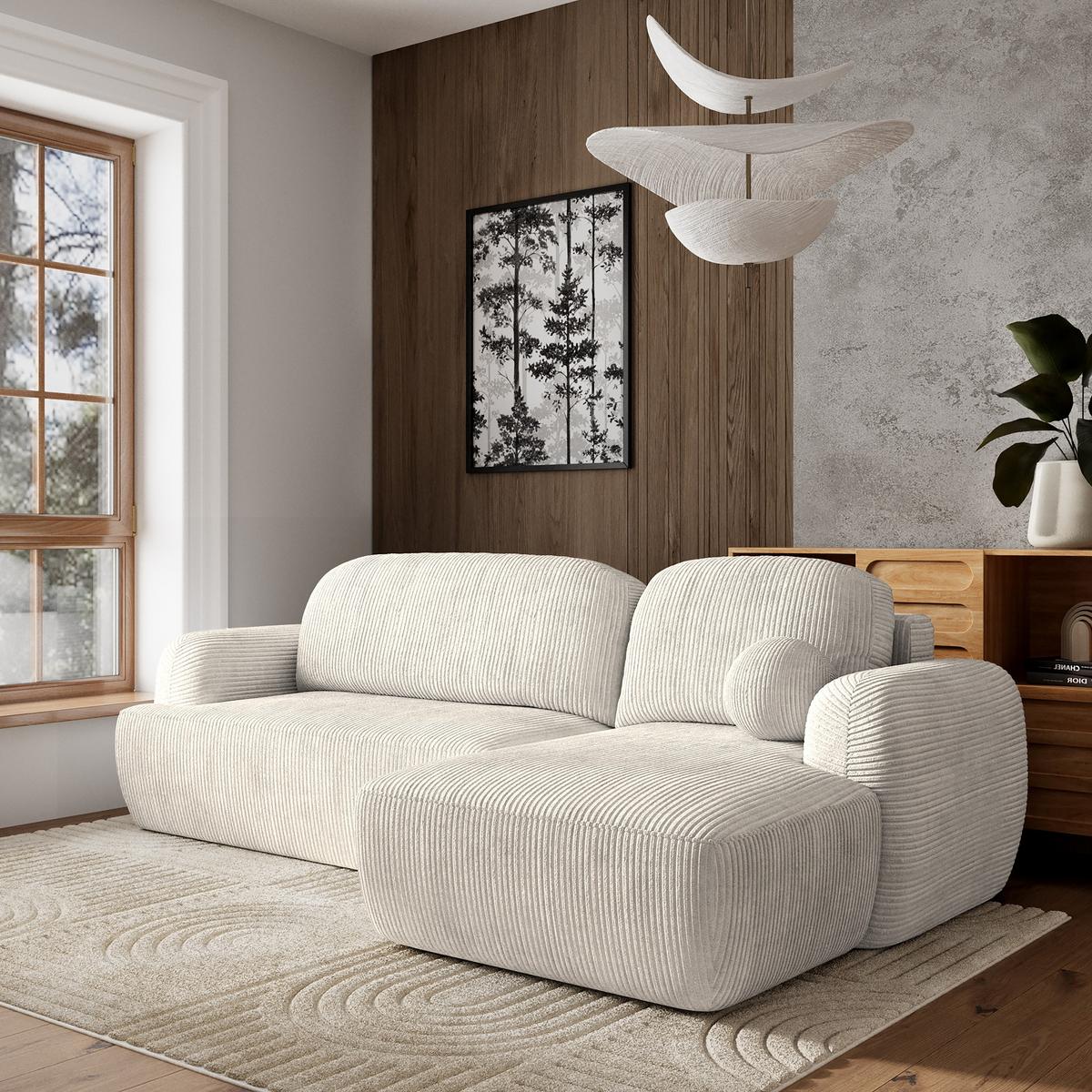 ECKSOFA MODENZA P R-S Creme Kordstoff mit Schlaffunktion - Creme/Schwarz, Holz/Kunststoff (266/148cm) - MASSENO