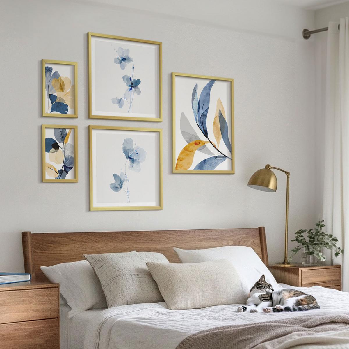 BILDER SET 5er Set - 50x50 cm & 20x30 cm & 40x60 cm Goldrahmen - Aquarell-Pflanzenmotive - Goldfarben, Kunststoff (40/60cm) - TULUP