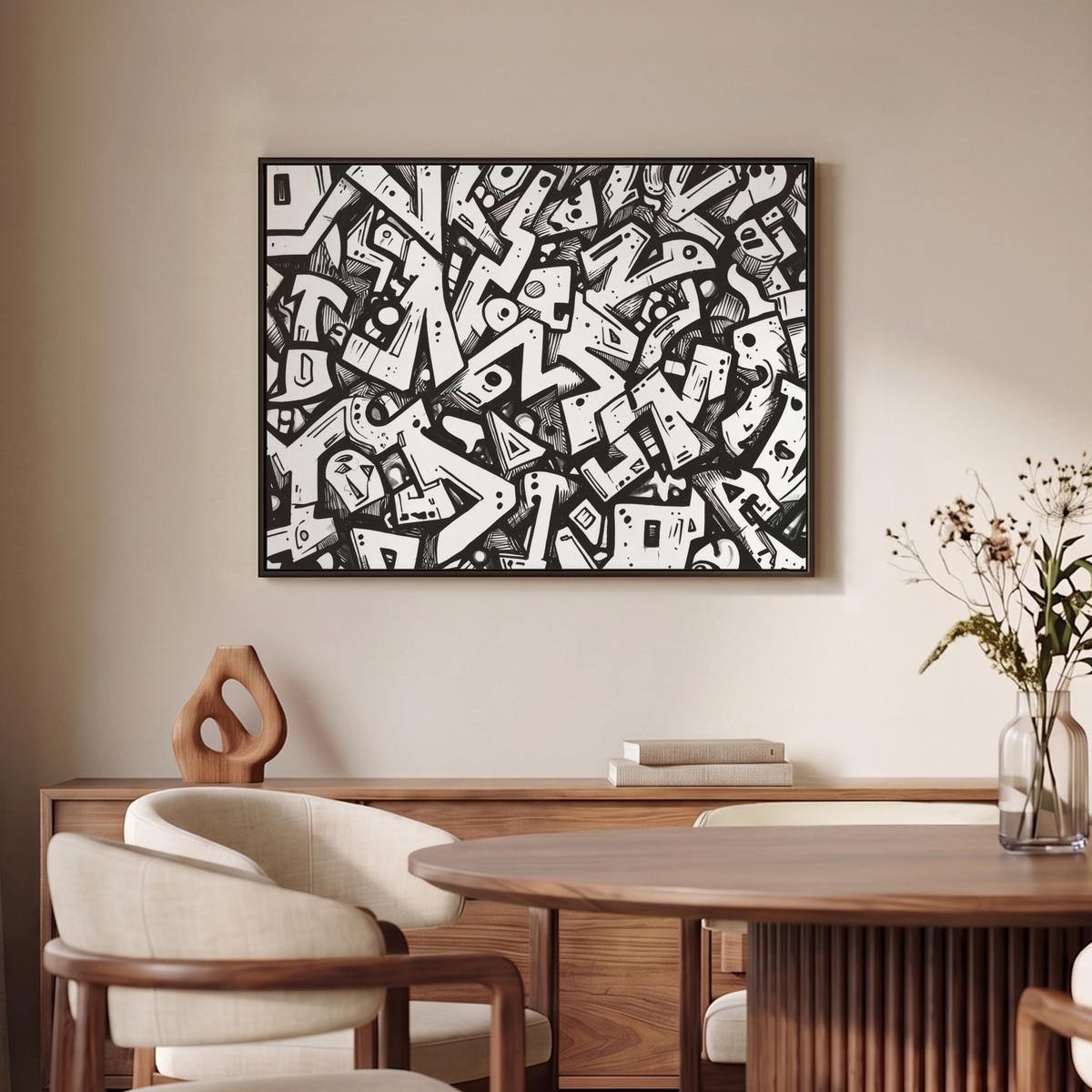 LEINWAND Bilder mit Rahmen - Formen - Buchstaben - Graffiti - Schwarz - 70x50 - Schwarz, Textil (70/50cm) - MuchoWow