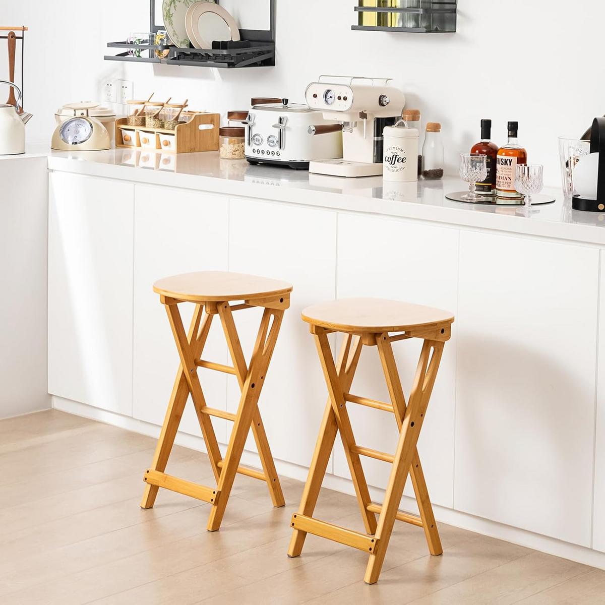 BARHOCKER Klappbar Holz(2er-Set) - Naturfarben, Naturmaterialen (38/84/34cm) - COSTWAY
