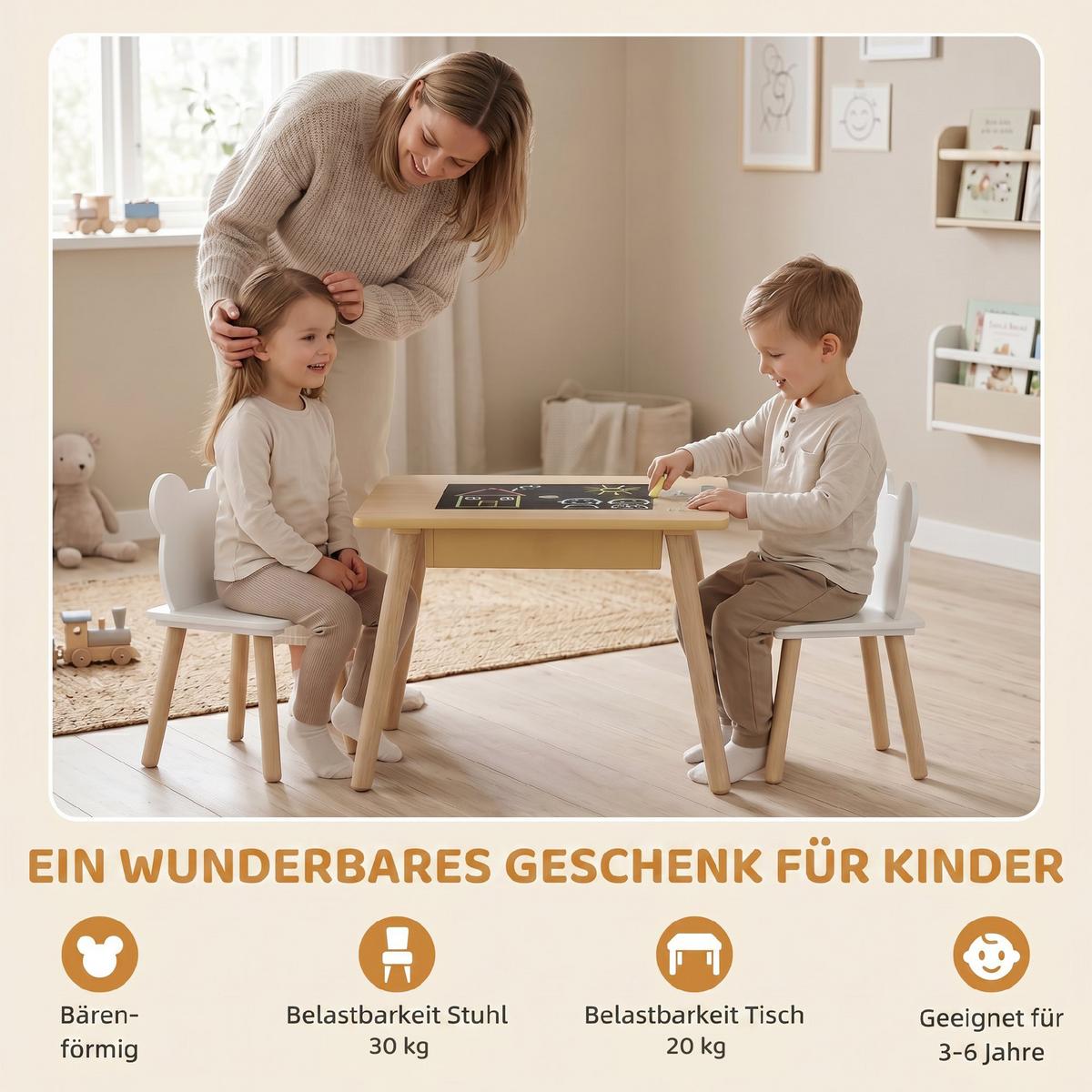 KINDER-TISCH-STUHL-SET 3er Set MDF Naturholz - Weiß/Naturfarben, Holz/Holzwerkstoff (60/44/60cm) - AIYAPLAY