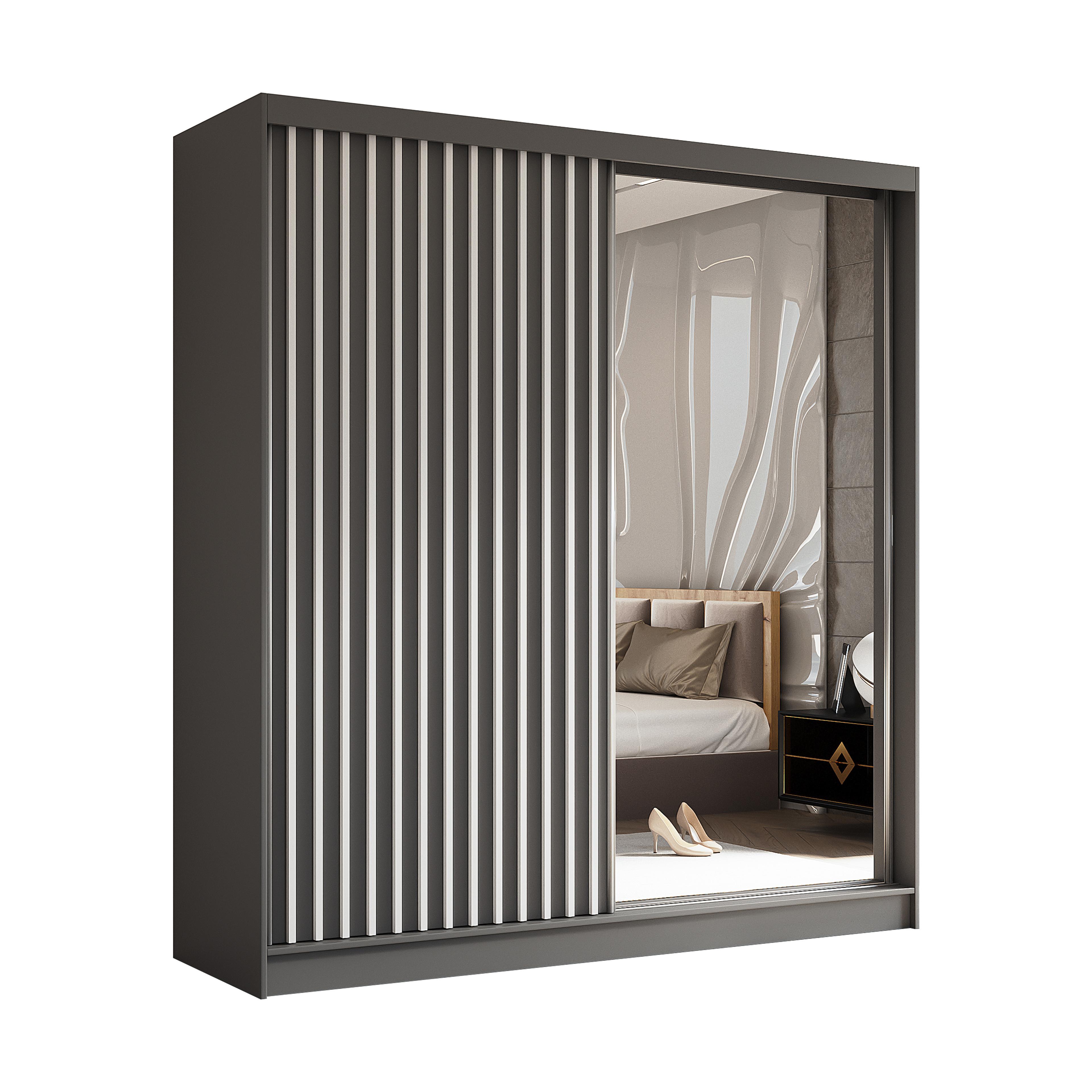 SCHWEBETÜRENSCHRANK Cabinio Grau Weiß 200/216/61 cm – mit Spiegel und Lamellen - Weiß/Grau, Holzwerkstoff/Kunststoff (200/216/61cm) - AX Living