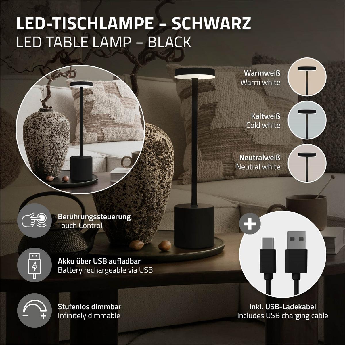 LED TISCHLAMPE kabellos Touch Schwarz Ø8x34,5cm 3 Lichtfarben Dimmbar - Schwarz, Kunststoff (8/8/34.5cm) - ML-DESIGN