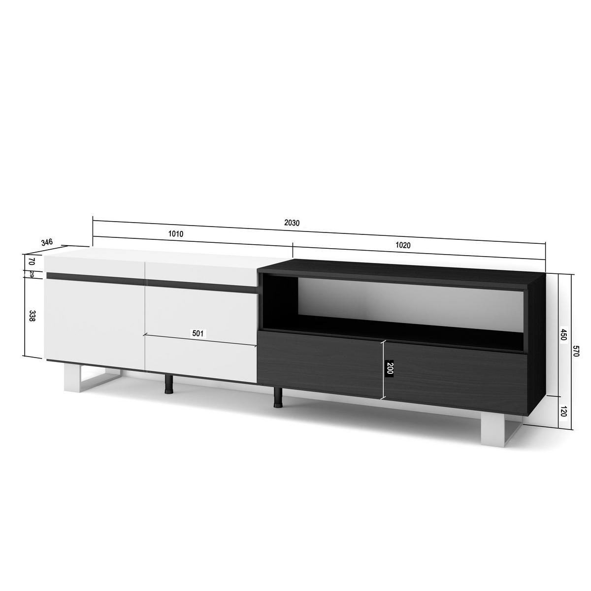 LOWBOARD, Weiß, Schwarz, 200/35/57cm - Schwarz/Weiß, Holzwerkstoff (200/57/35cm) - Skraut Home