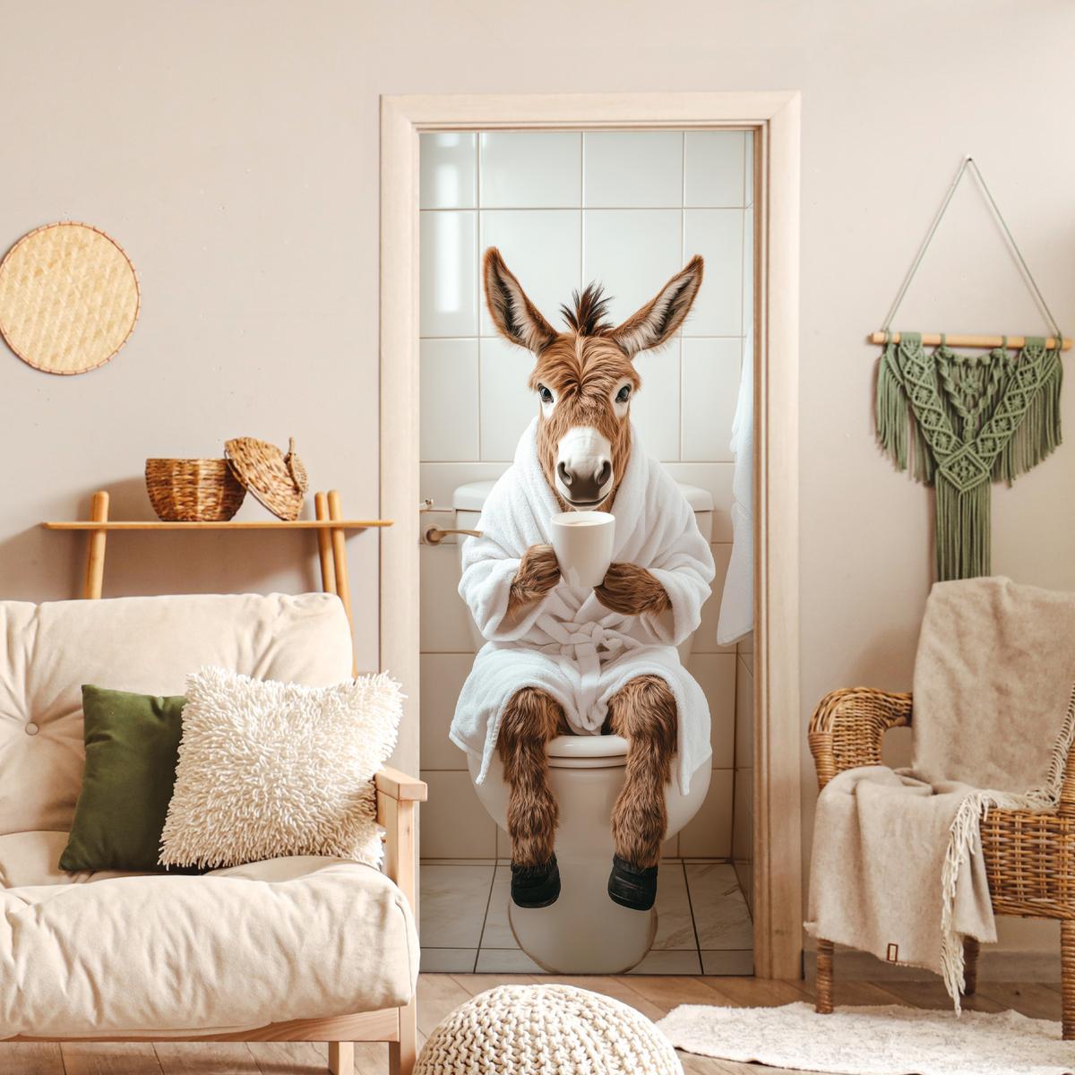 TÜRAUFKLEBER Esel - WC - Lustig - Bademantel - Tier Room Decor 85x205 cm - Türtapete - Beige, Kunststoff (85/0.1/205cm) - MuchoWow