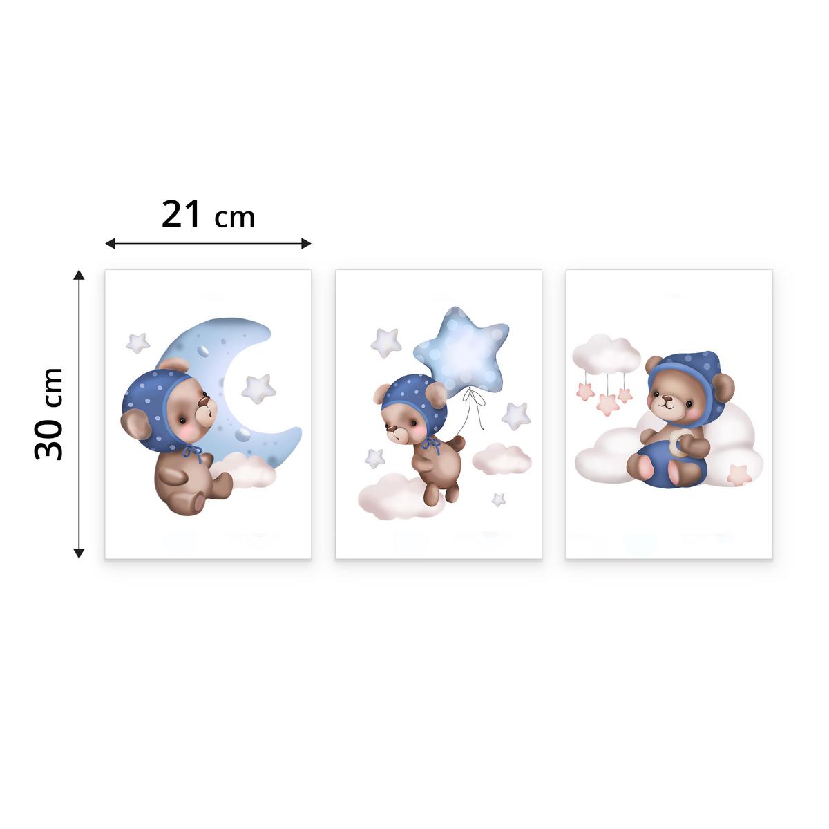 POSTER SET für Kinderzimmer Teddybären Ballons Sterne Wolken 3x Poster A4 21x30cm - Beige/Rosa, Papier (21/30/1cm) - Muralo