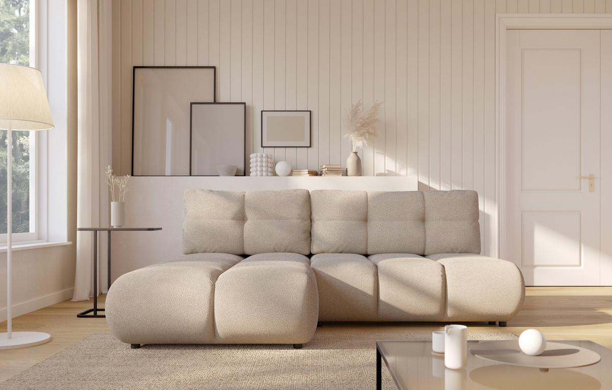 ECKSOFA CORSO L-S Beige Boucle-Stoff mit Schlaffunktion - Beige, Holz (230/177cm) - MASSENO