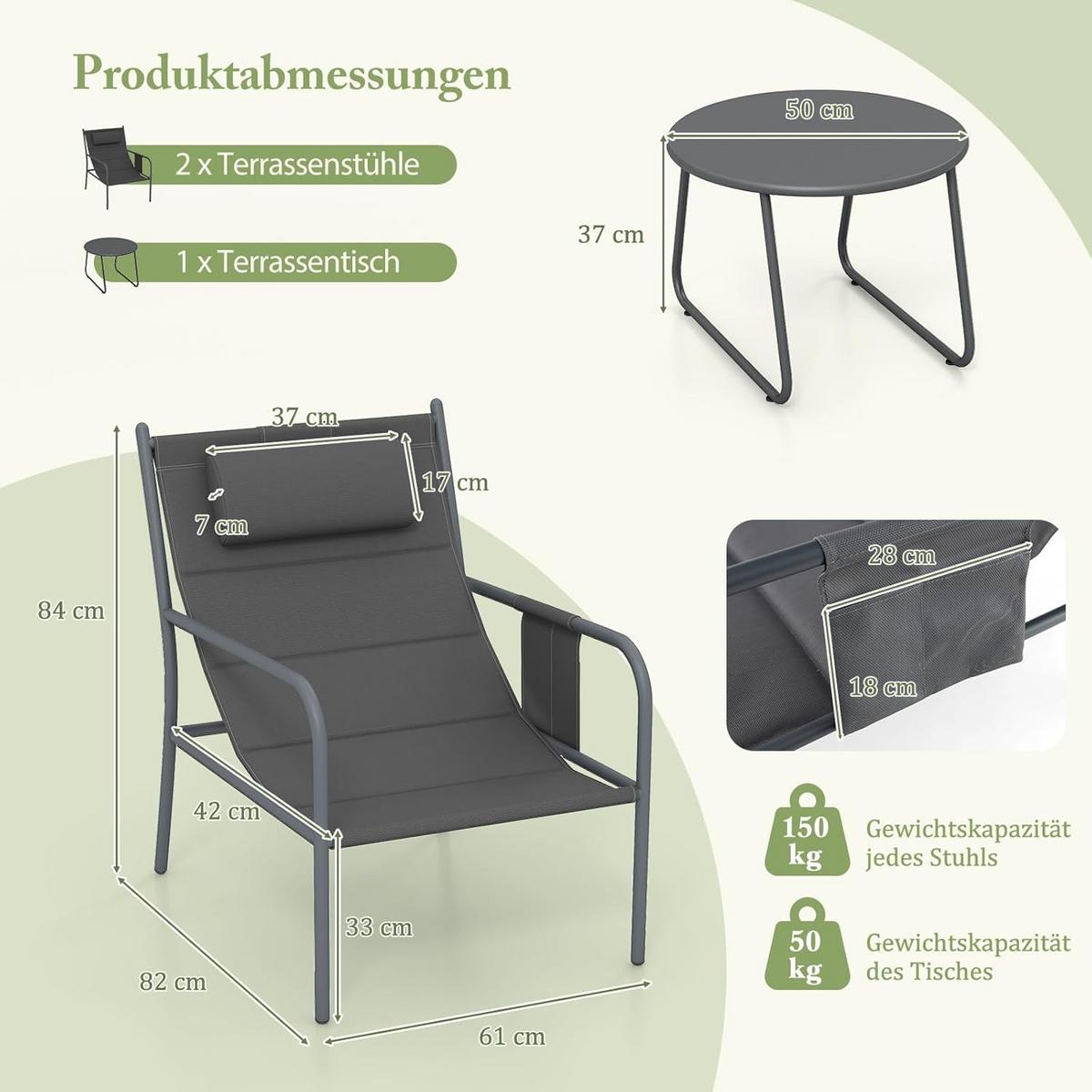 GARTENMÖBEL Set Grau(3-teilig) - Grau, Metall - COSTWAY
