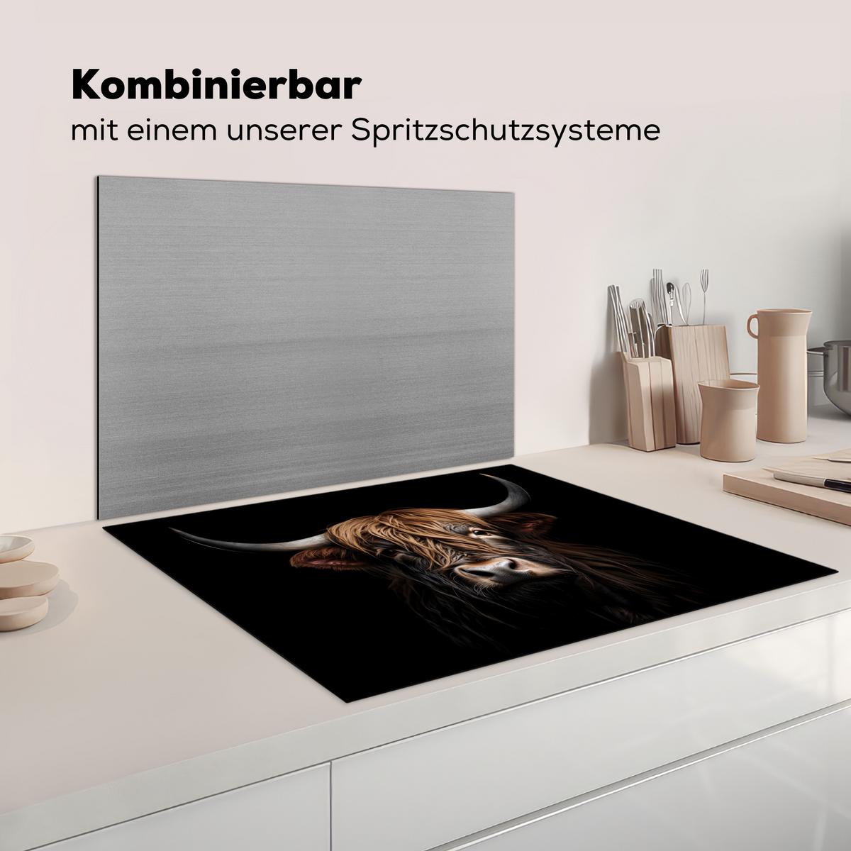HERDABDECKPLATTE Schottischer Highlander - Porträt - Schwarz - Tier Induktionsmatte 77x59 cm - Braun, Kunststoff (77/59/0.2cm) - MuchoWow