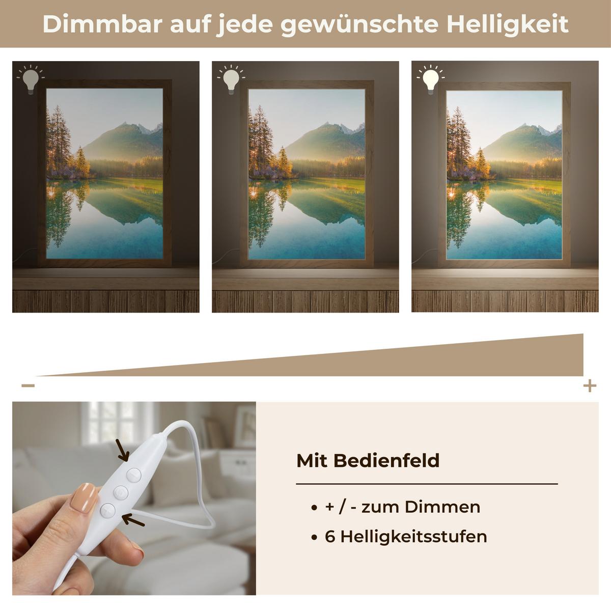 TISCHLEUCHTE See - Wald - Berge - Natur - Sonne - Landschaft 20x30 cm - Currygelb, Holzwerkstoff (8/20/30cm) - OnlyWow