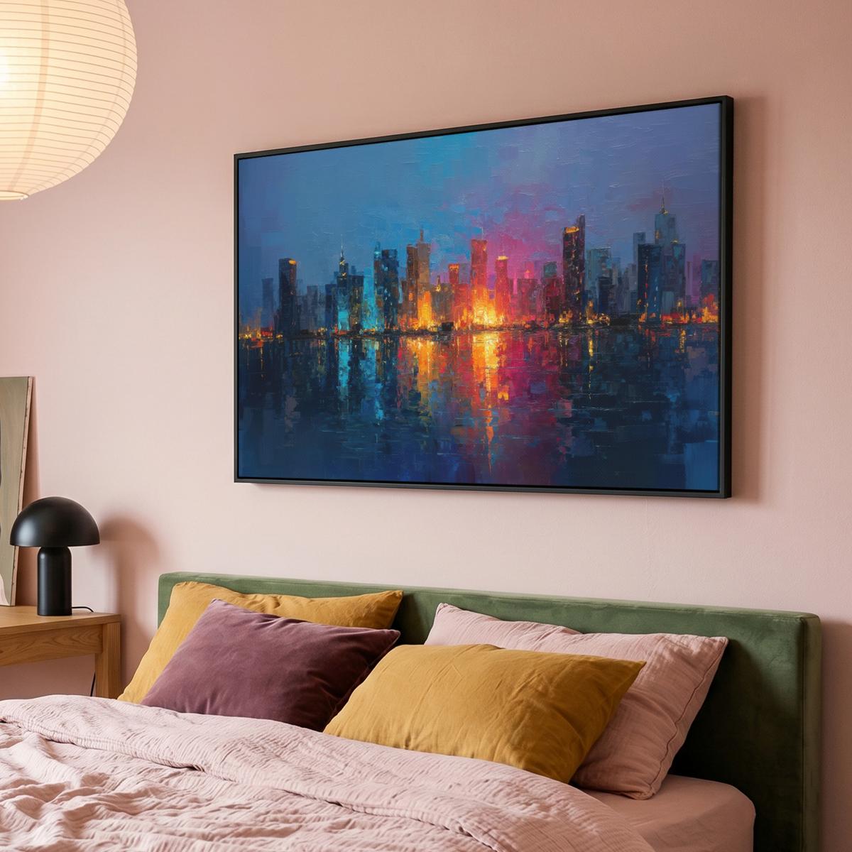 LEINWAND Bilder mit Rahmen - Skyline - Pinselstriche - Dunkelblau - Leuchtend - 140x90 - Blau, Textil (140/90cm) - MuchoWow