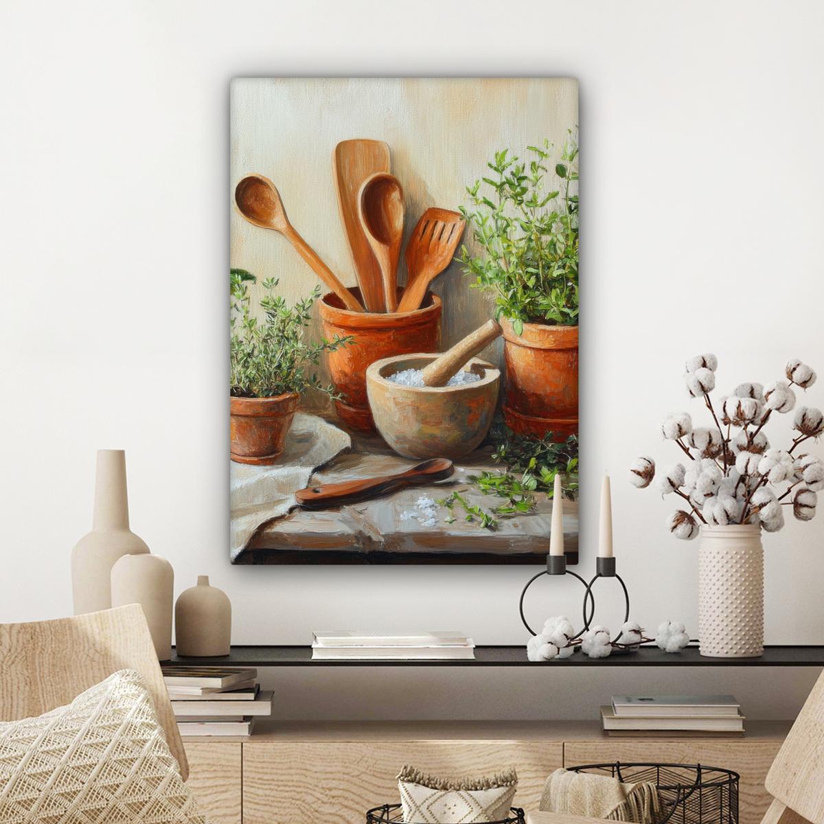 LEINWANDBILD Töpfe - Kräuter - Holz Wandbild Wohnzimmer 60x80 cm - Terracotta, Textil (60/80cm) - MuchoWow