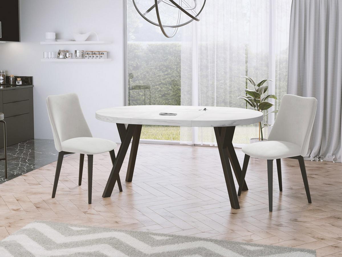 ESSTISCH Twixy runder ausziehbarer, Marmor Weiß 100-150/100/76 cm - Ecru/Schwarz, Holz/Holzwerkstoff (100/150/76cm) - WFL GROUP