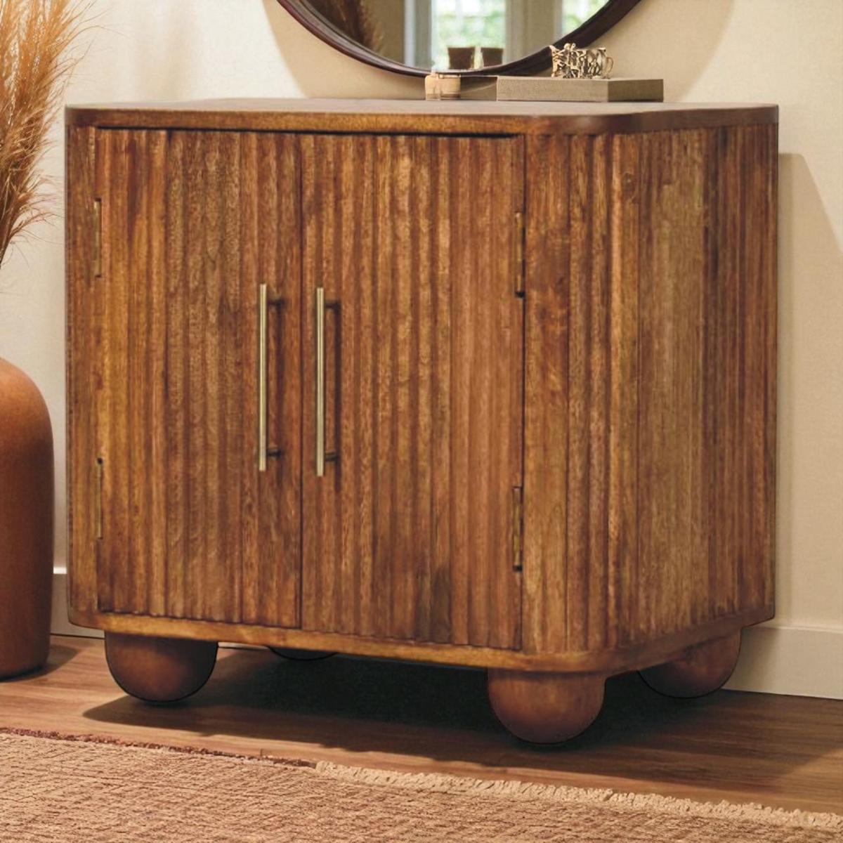 SIDEBOARD Solis Geriffelt Mini, 2 Türen und 2 Regale, Hellbraun - Hellbraun/Messingfarben, Holz/Metall (55/53/40cm) - Artisan Furniture