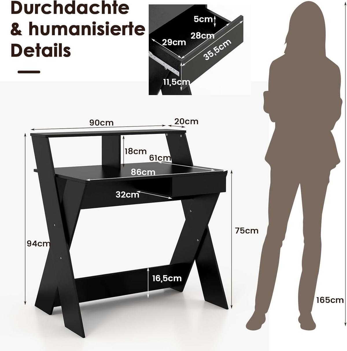 ARBEITSTISCH 94cm Schwarz - Schwarz, Holz (61/90/94cm) - COSTWAY