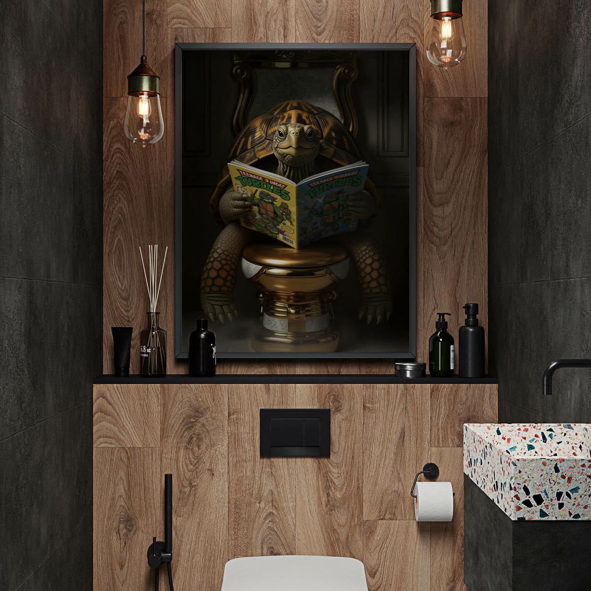 POSTER für Badezimmer WC SCHILDKRÖTE mit Comicbuch auf Toilette Abstraktion 20x30cm - Gelb/Orange, Papier (20/30/30cm) - Muralo