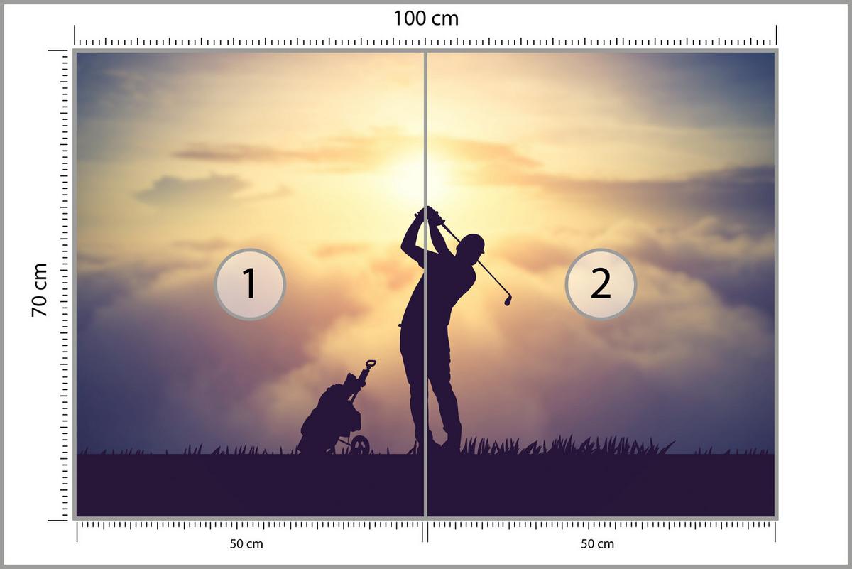 FOTOTAPETE für Jugendzimmer Golfer Sonnenuntergang Silhouette Sport 100x70 - Gelb/Violett, Papier (100/70cm) - Muralo