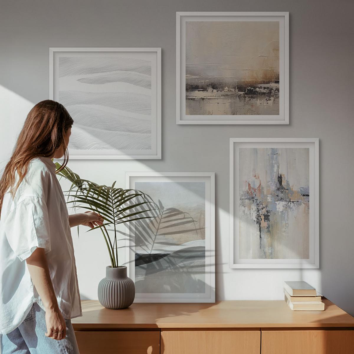 BILDER SET 4er Set - 50x50 cm & 40x60 cm Weißer Rahmen - Abstrakte Erdmuster - Weiß, Kunststoff (50/50cm) - TULUP
