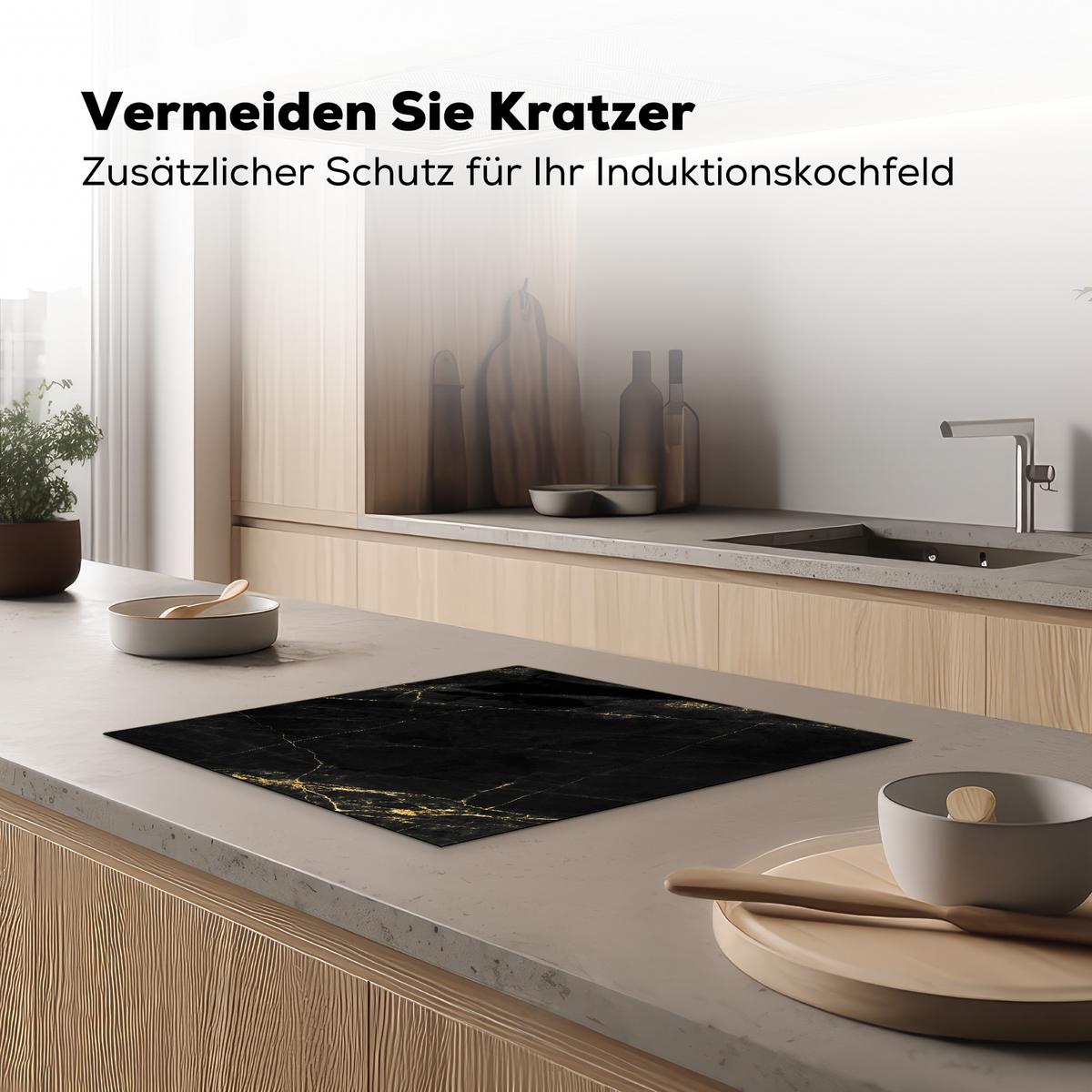 HERDABDECKPLATTE Marmor - Schwarz - Gold - Chic - Marmoroptik - Design Herdabdeckung Induktionsfeld 60x52 cm - Schwarz, Kunststoff (60/52/0.2cm) - MuchoWow