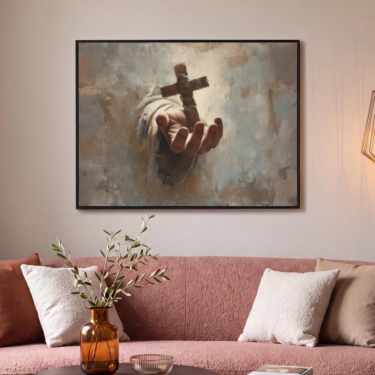 LEINWAND Bilder mit Rahmen - Abstrakt - Kreuz - Hand - Christentum - 100x70 - Hellbraun, Textil (100/70cm) - MuchoWow