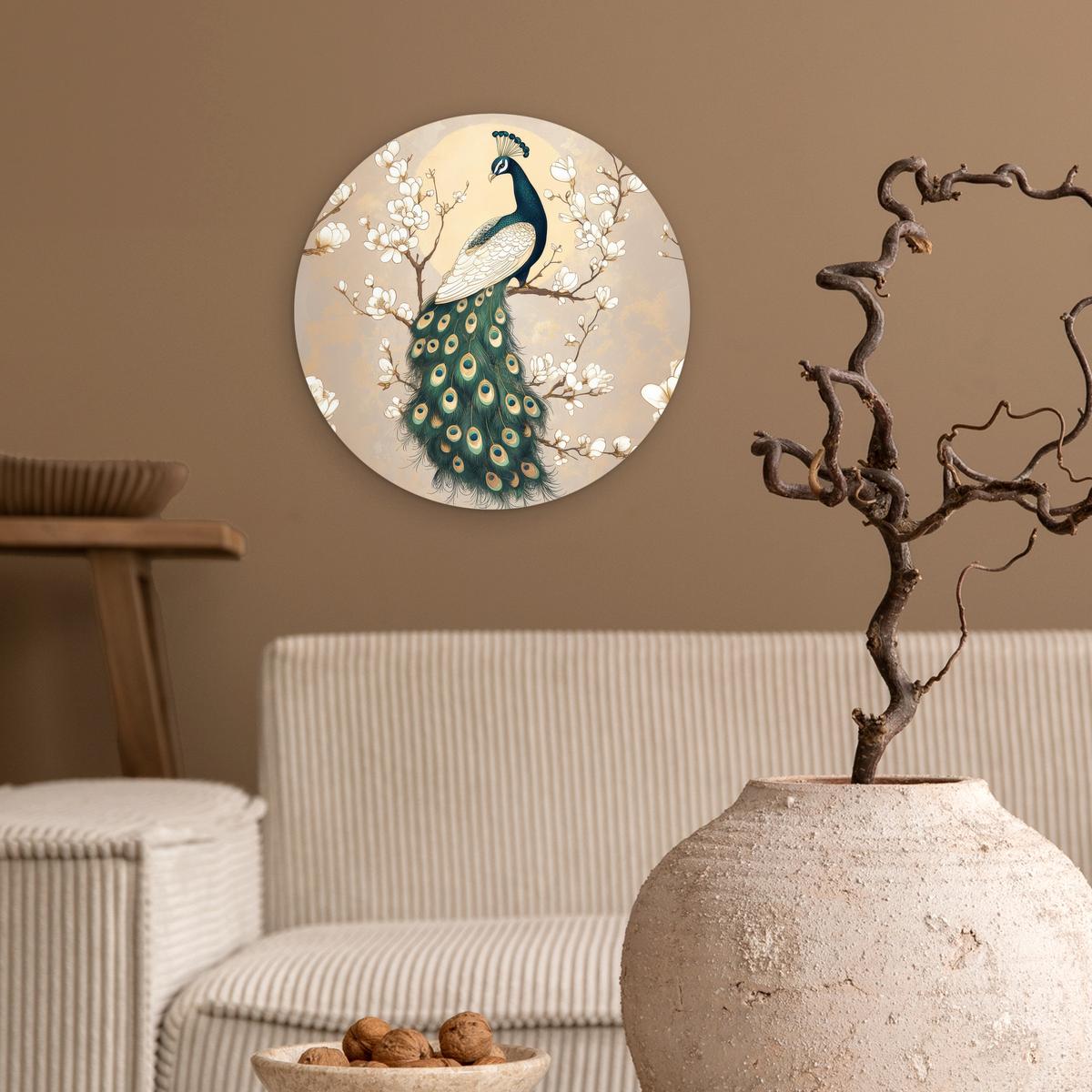 WANDBILD Pfau - Zweig - Blumen Deko Wohnzimmer 30x30 cm - Champagner, Kunststoff (30/30cm) - MuchoWow