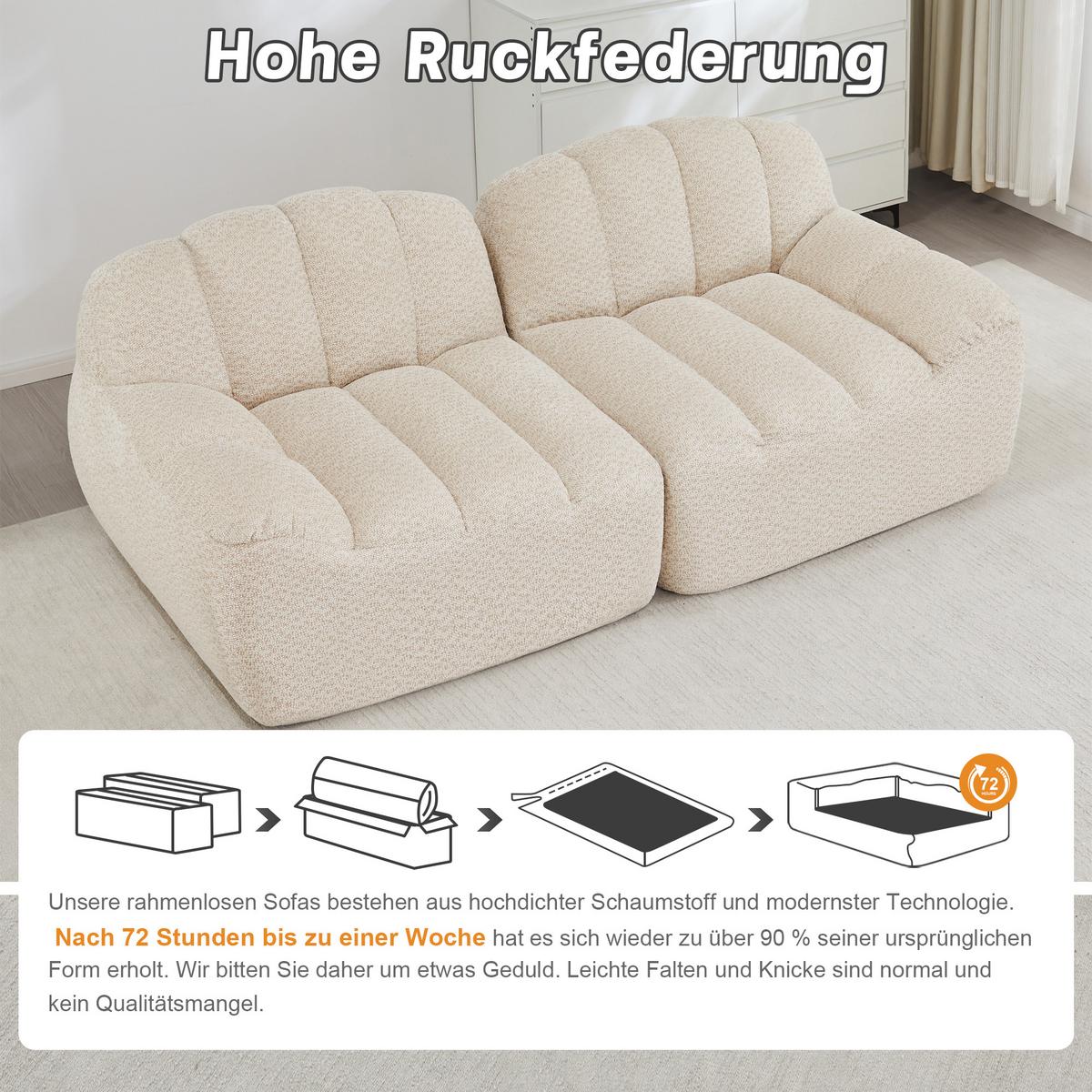 2-SITZER SOFA aus granuliertem Fleece, frameless in Muschelform ohne Montage - Creme, Textil (210/79/104cm) - Urban Meuble