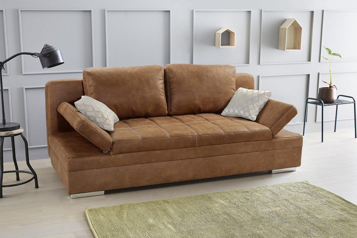 SCHLAFSOFA mit Bettkasten, Wellenfederung, Armlehnen verstellbar B200/T100/H84 cm, Liegefl.148x200 cm, Antikleder-Optik Mikrofaser Braun Curry / 15117 - Hellbraun/Chromfarben, Textil/Metall (200/84/100cm) - luma-home