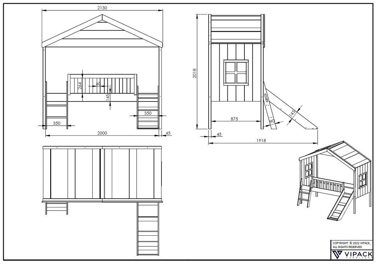 HAUSBETT mit Rutsche Kathye 213x202x192 aus Massivholz+MDF in Weiß - Weiß, Holz (90/200cm) - 58aufmkessel