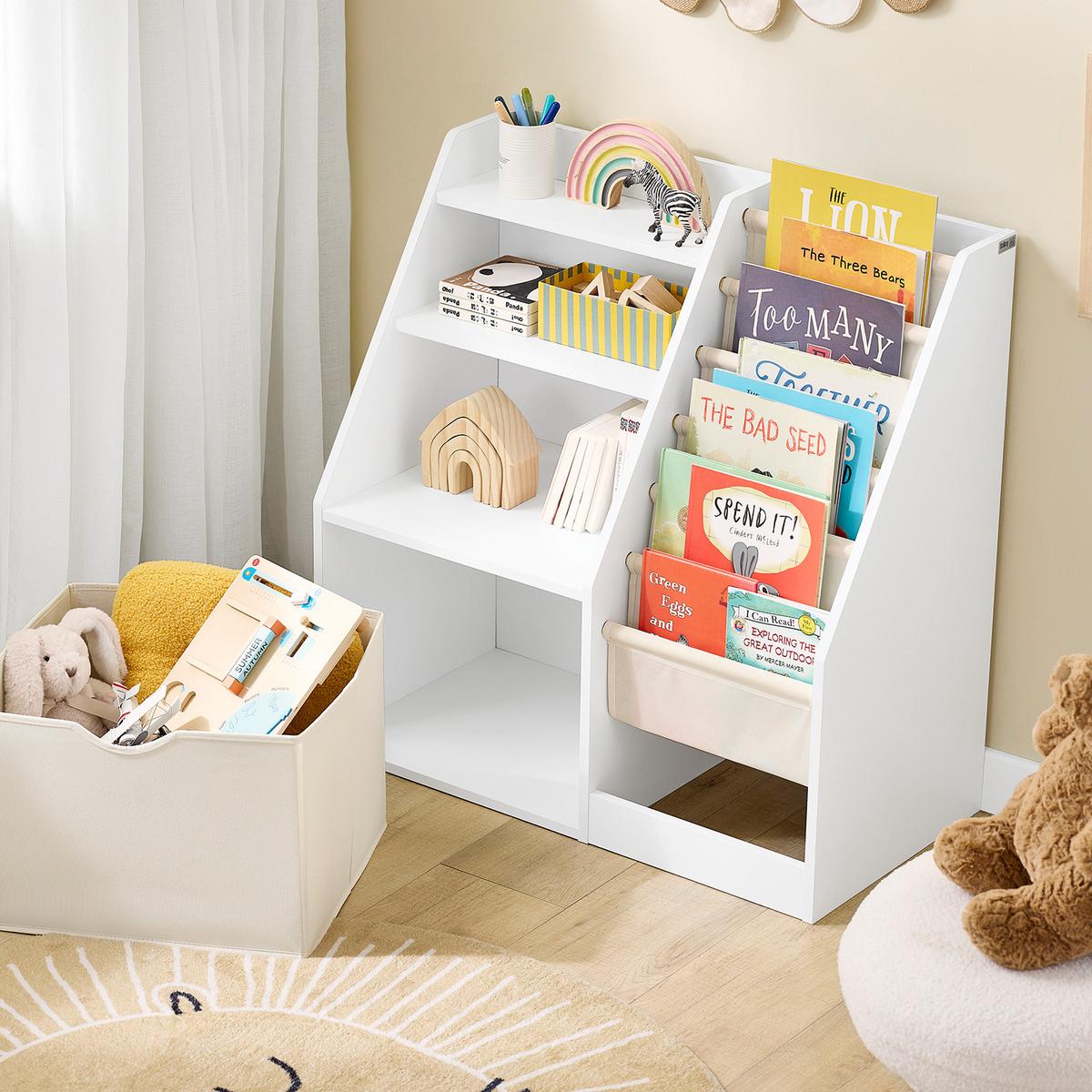 KINDER-BÜCHERREGAL mit Stofftaschen, 80x80x40cm Weiß - Weiß, Holzwerkstoff (80/80/40cm) - SoBuy