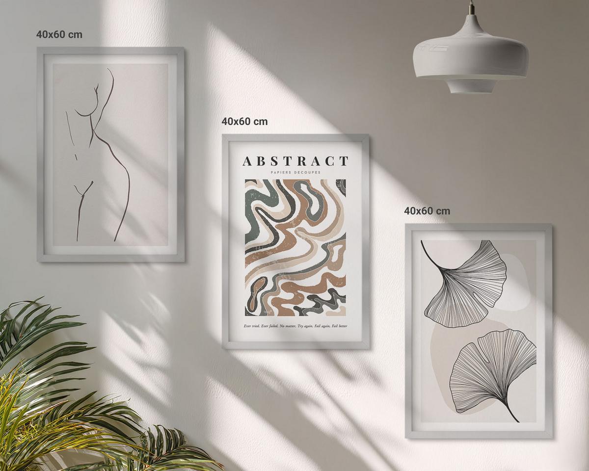 BILDER SET 3er Set - 40x60 cm Silberner Rahmen - Abstrakte Boho-Musterformen - Silberfarben, Kunststoff (40/60cm) - TULUP