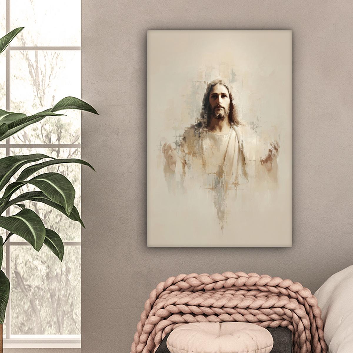 LEINWANDBILD Porträt - Abstrakt - Jesus - Beige Wanddeko Schlafzimmer 60x90 cm - Beige, Textil (60/90cm) - MuchoWow