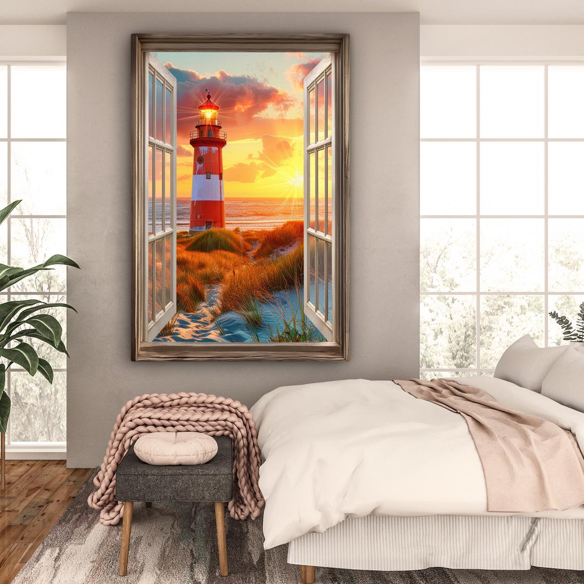 LEINWANDBILD Aussicht - Fenster - Leuchtturm - Sonnenuntergang - Strand Deko Groß 90x140 cm - Dunkelorange, Textil (90/140cm) - MuchoWow