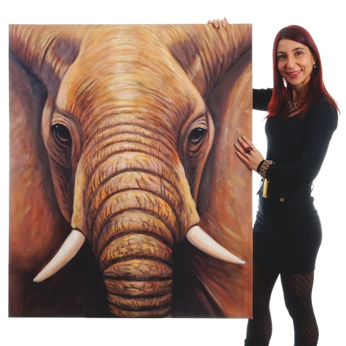 ÖLGEMÄLDE NAHAUFNAHME ELEFANT HANDGEMALT Mehrfarbig - Multicolor, Textil (100/120cm) - MCW