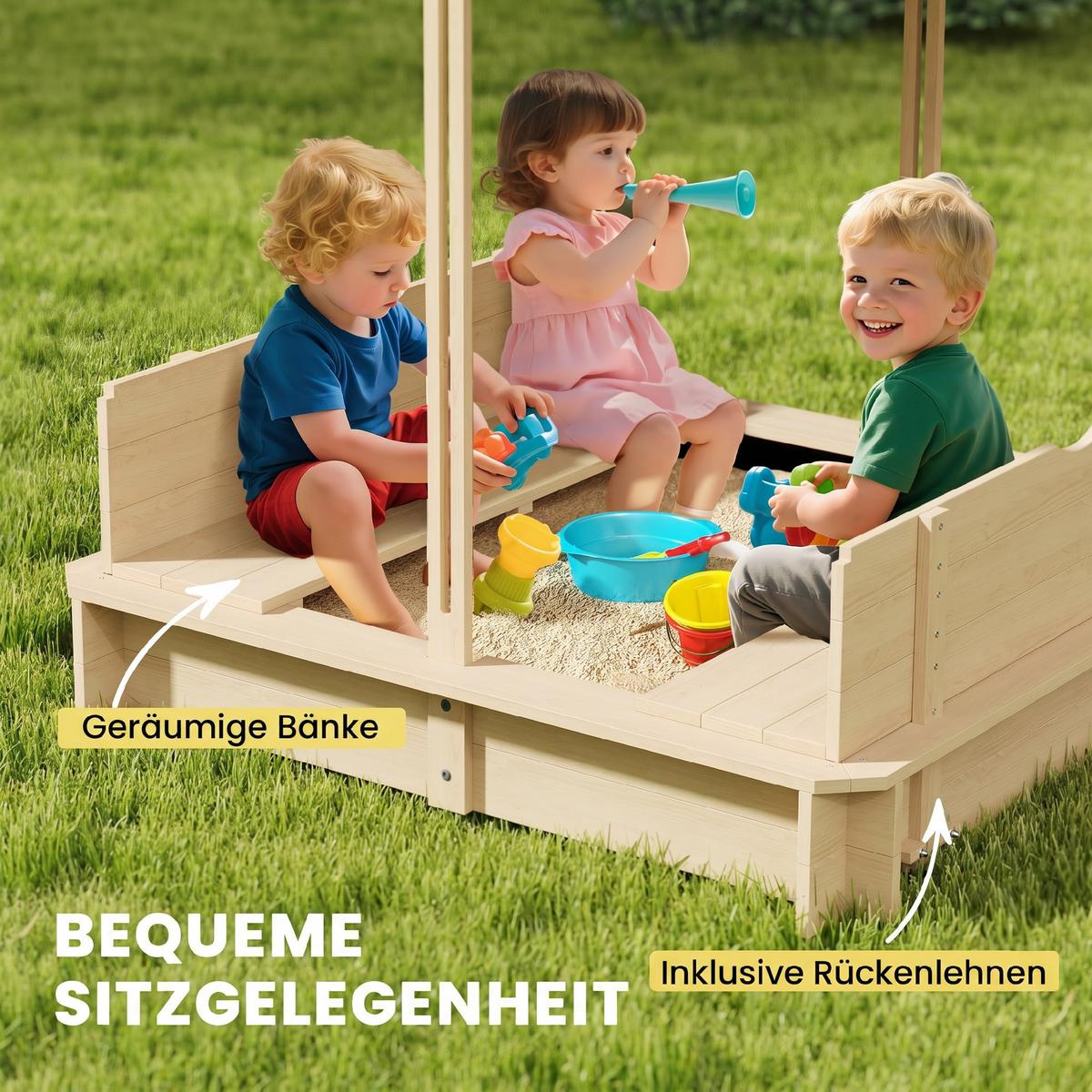 SANDKASTEN mit Dach abnehmbar Rücklehnen Tannenholz 3-7 Jahren Natur - Naturfarben, Holz (106/106/115cm) - Outsunny