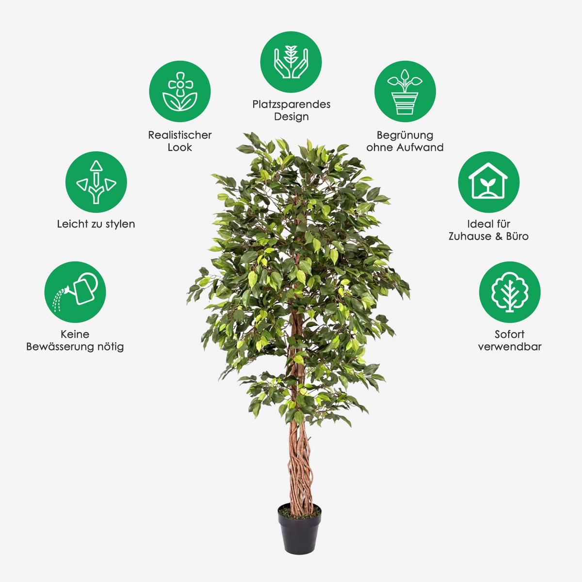 KUNSTBAUM Ficus benjamini, 180 cm - Grün, Kunststoff (180cm) - Homescapes