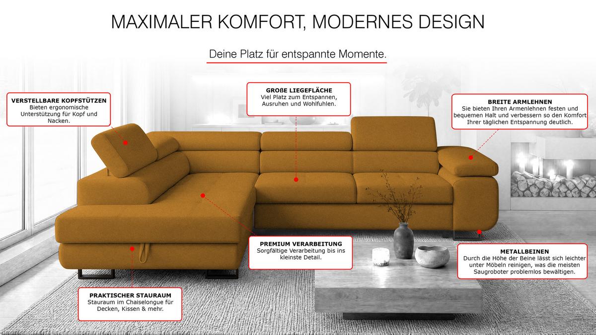 ECKSOFA Velmo mit Bettkasten und Schlaffunktion, verstellbaren Kopfstützen, in L-Form - Goldfarben, Textil (275/203cm)
