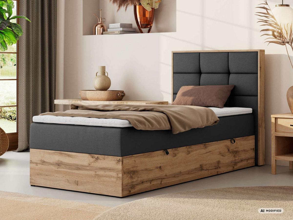 BOXBETT ALBERO 1 90/200 - Dunkelgrau Kunstleder - Topper T25 - H4 - Rechts - Dunkelgrau/Anthrazit, Kunststoff/Textil (90/200cm) - MKS