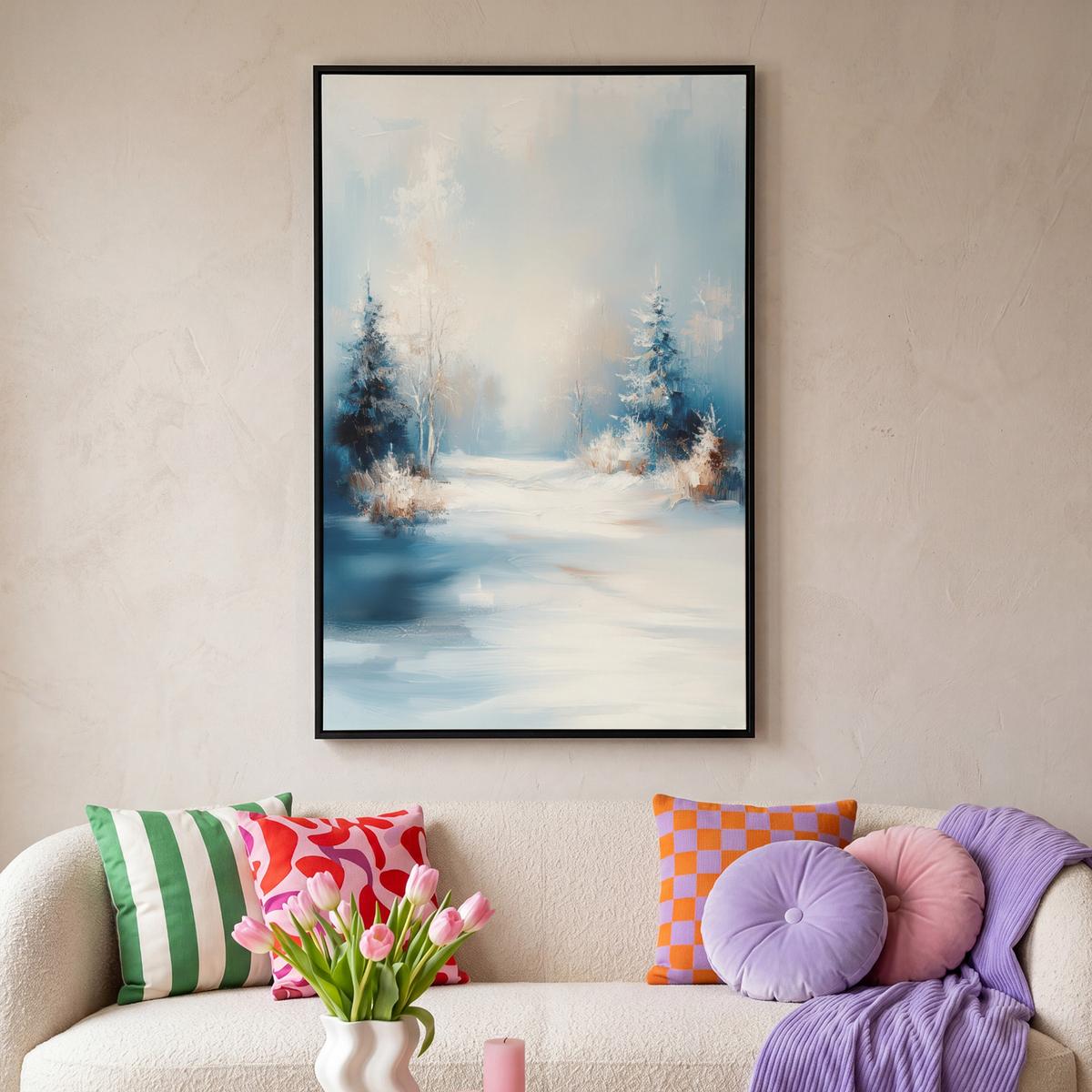 LEINWAND Bilder mit Rahmen - Wald – Winter – Natur – Abstrakt – Schnee - 100x150 - Weiß, Textil (100/150cm) - MuchoWow